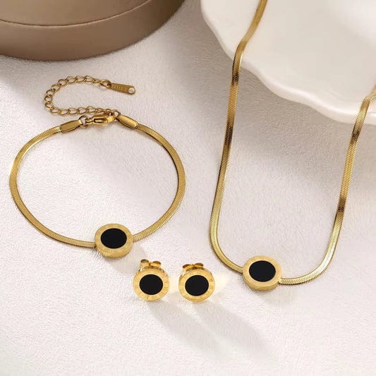 Black enamel gold jewelry set – necklace, bracelet, and earrings for women