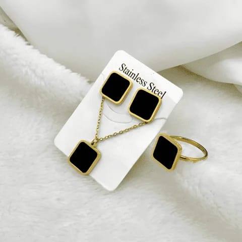 A three-piece jewelry set made of Stainless Steel featuring square gold-framed pendants with black enamel (necklace, stud earrings, and ring), displayed on a white product card against a white fluffy background. The set is advertised as waterproof with a 70% off discount.
