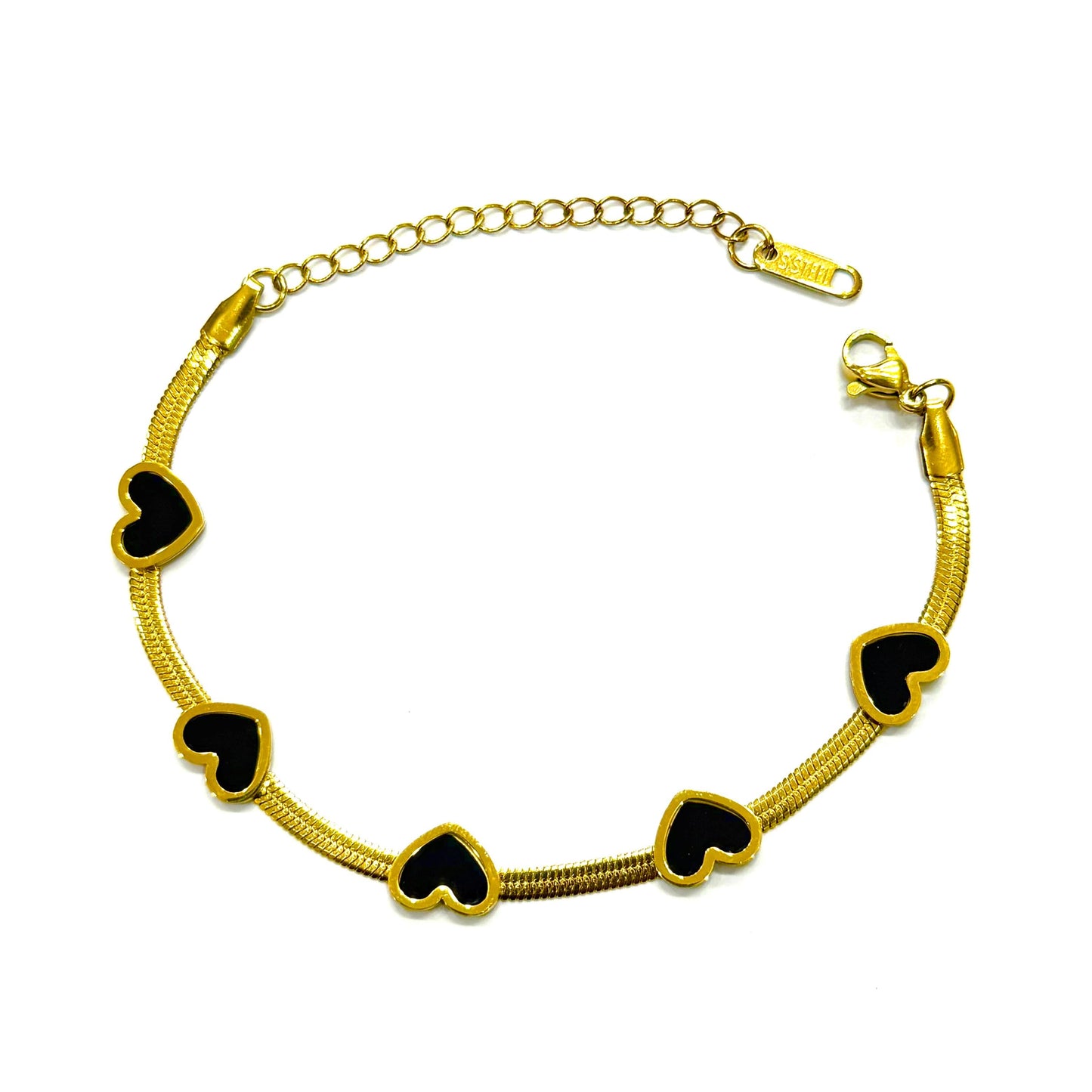 Luxury gold bracelet with black enamel heart charms – elegant everyday wear accessory