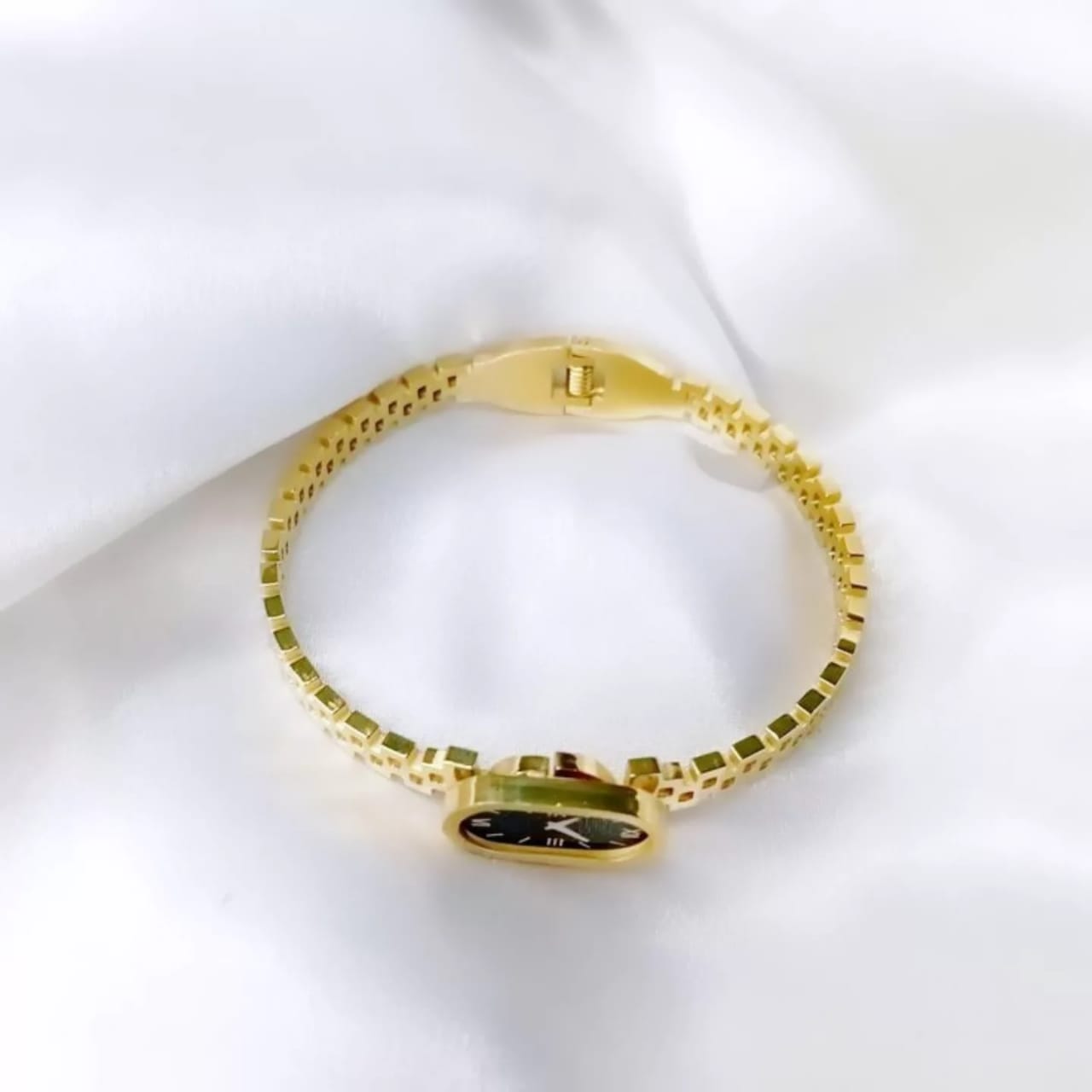 Trendy fake watch style handcuff bracelet, bold fashion jewelry.