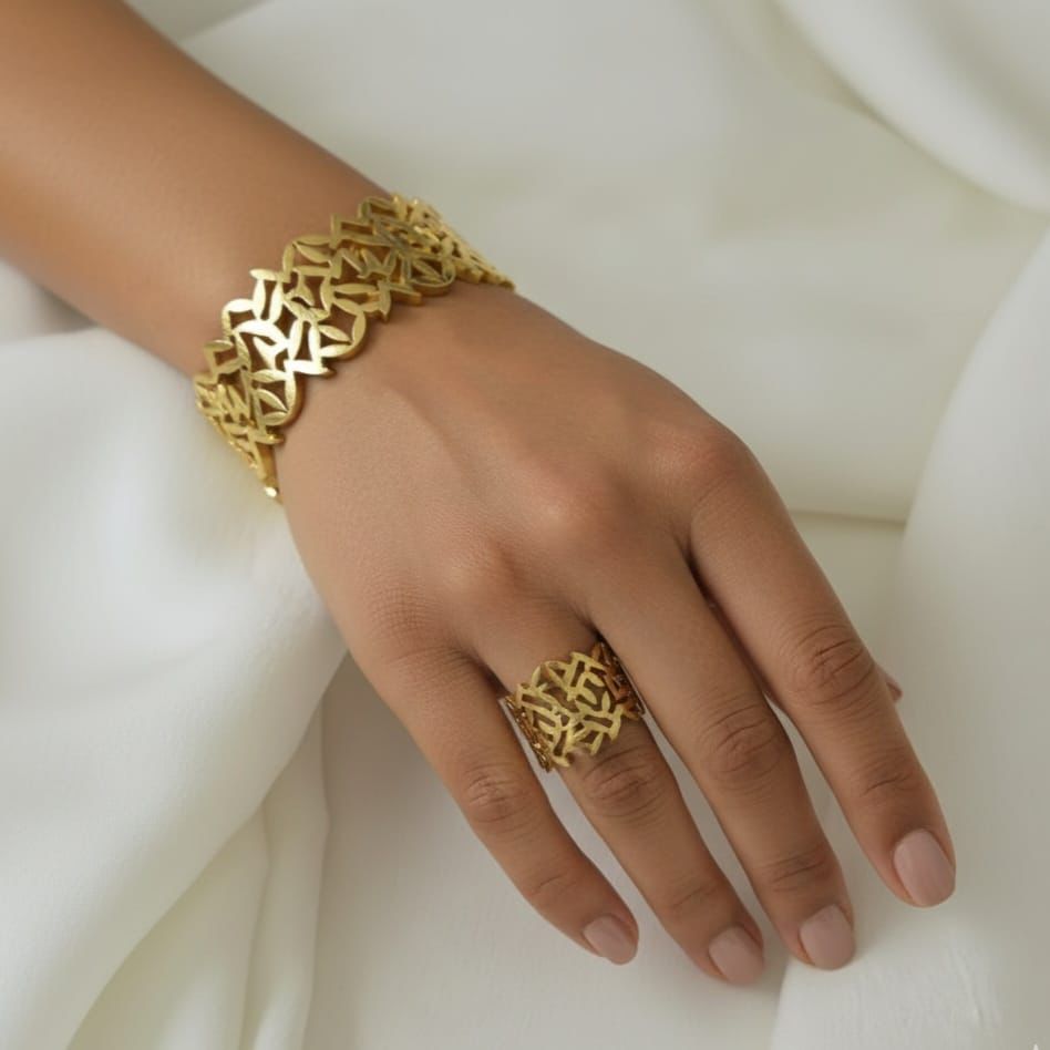 Premium Arabic art inspired gold bracelet and ring for women – long-lasting color shine