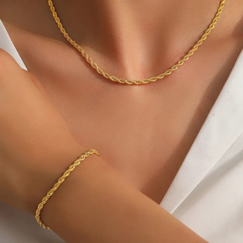 gold rope chain, gold rope chain necklace, gold bracelet, matching necklace and bracelet set, women's gold jewelry set, twisted gold chain, elegant gold accessories, hypoallergenic jewelry, tarnish-resistant gold chain.