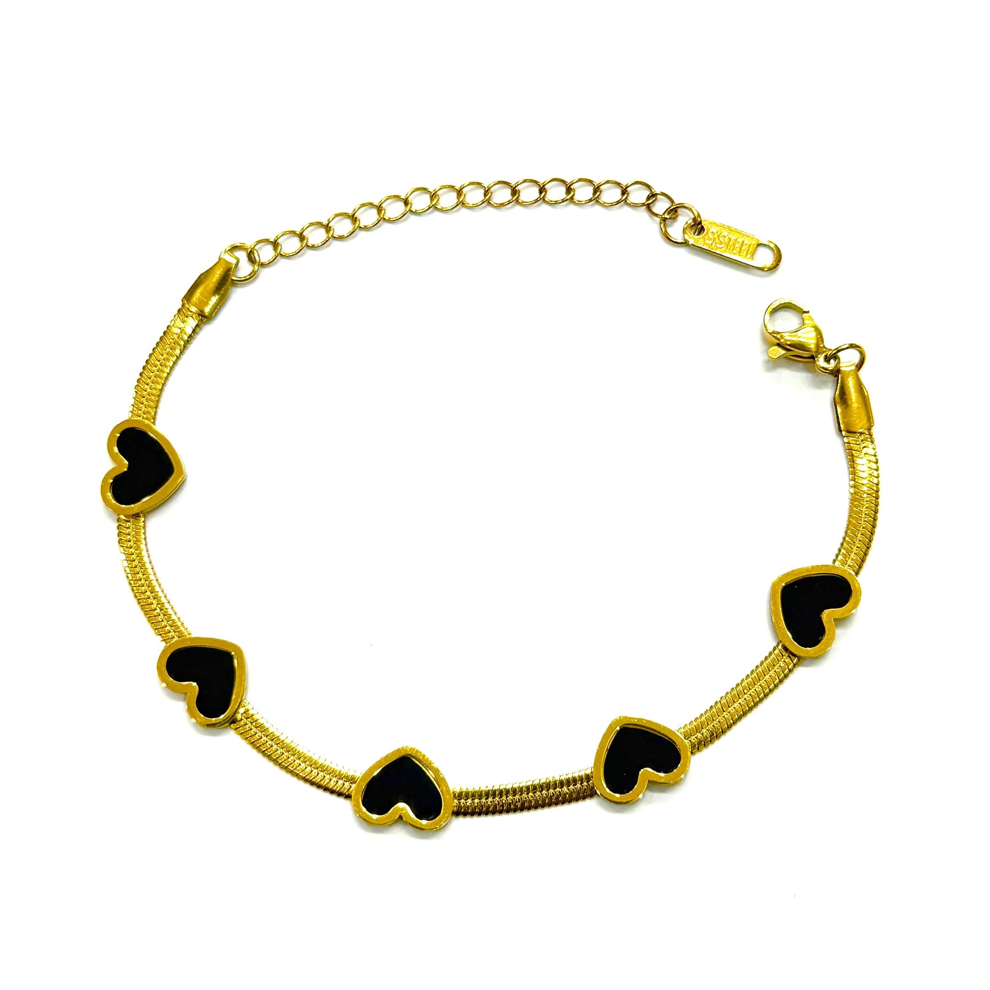 Luxury gold bracelet with black enamel heart charms – elegant everyday wear accessory