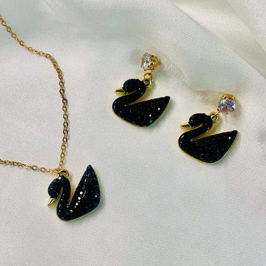 Crystal swan necklace with matching earrings, premium party wear jewelry.