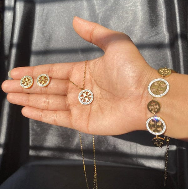 Luxury waterproof gold circle jewelry set with necklace, earrings, and bracelet