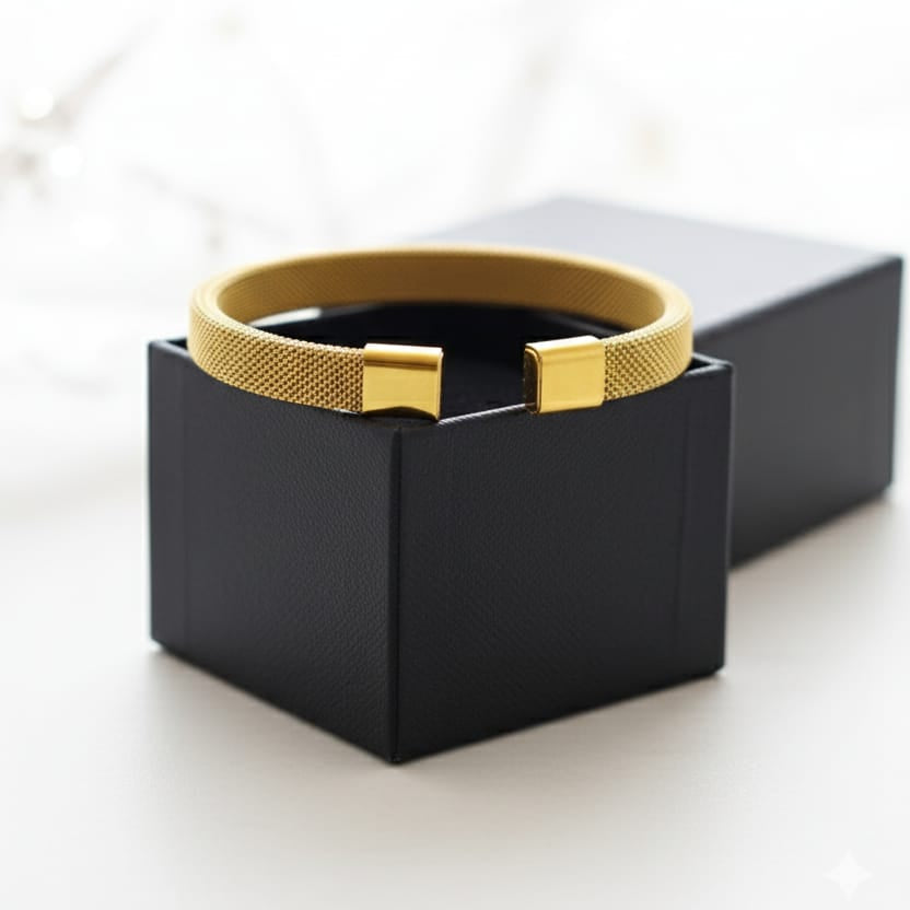 Gold mesh open cuff bracelet displayed on black jewelry box – waterproof, tarnish-free unisex bracelet, 70% off