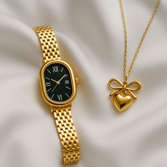 Non-tarnish gold watch and heart necklace duo