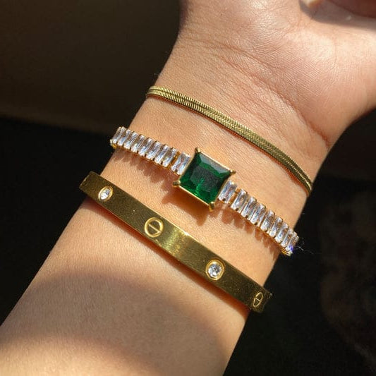 • Emerald bracelet set with snake chain, crystal band, and gold bangle – 18k gold plated