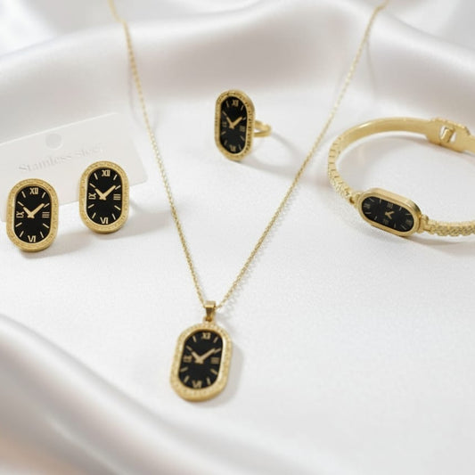 All pieces feature a black oval inlay with gold Roman numerals on a white satin background. Unique, vintage-style jewelry set.