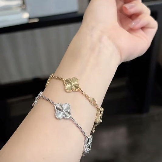 “Dual clover bracelet set on wrist – waterproof anti-tarnish lucky charm design”