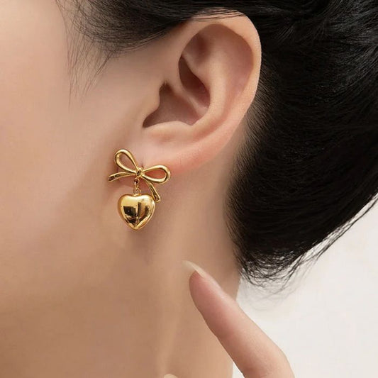 Women’s fashion gold bow heart earrings, non-tarnish jewelry
