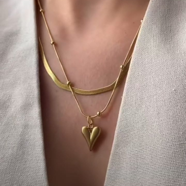 Minimal gold heart pendant necklace, trendy layered chain design