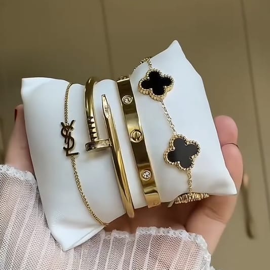 VSL chain bracelet, nail bangle, love screw bangle and clover charm bracelet set