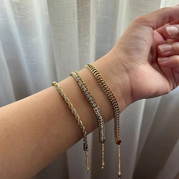 Gold bracelet set – rope, tennis, and Cuban chain stack, waterproof stainless steel jewelry