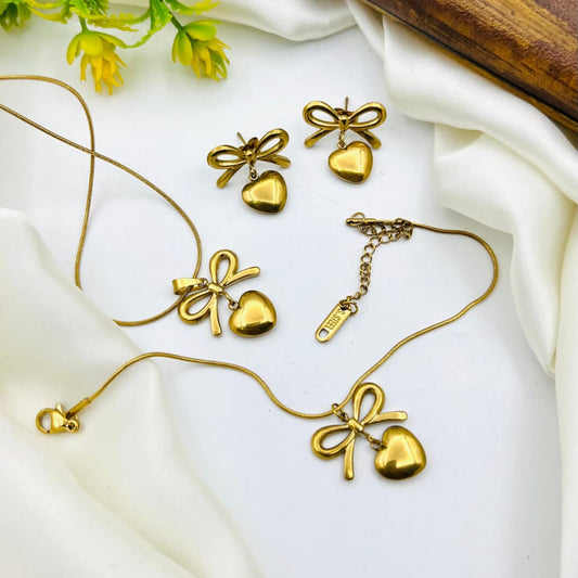 Gold bow heart necklace and earrings set, waterproof stainless steel jewelry, elegant romantic jewelry set