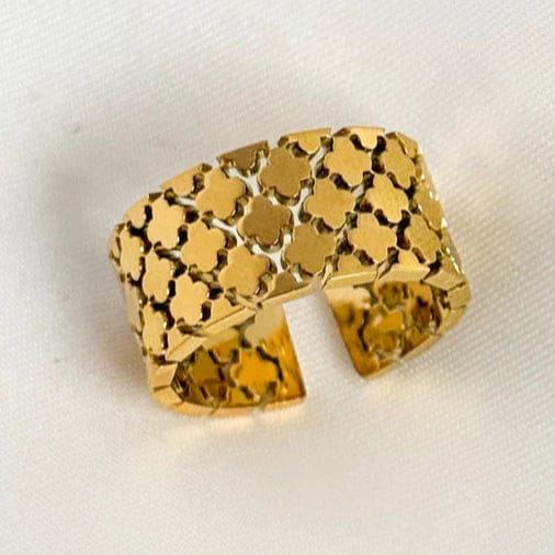 Wide open adjustable gold ring with clover motifs for women