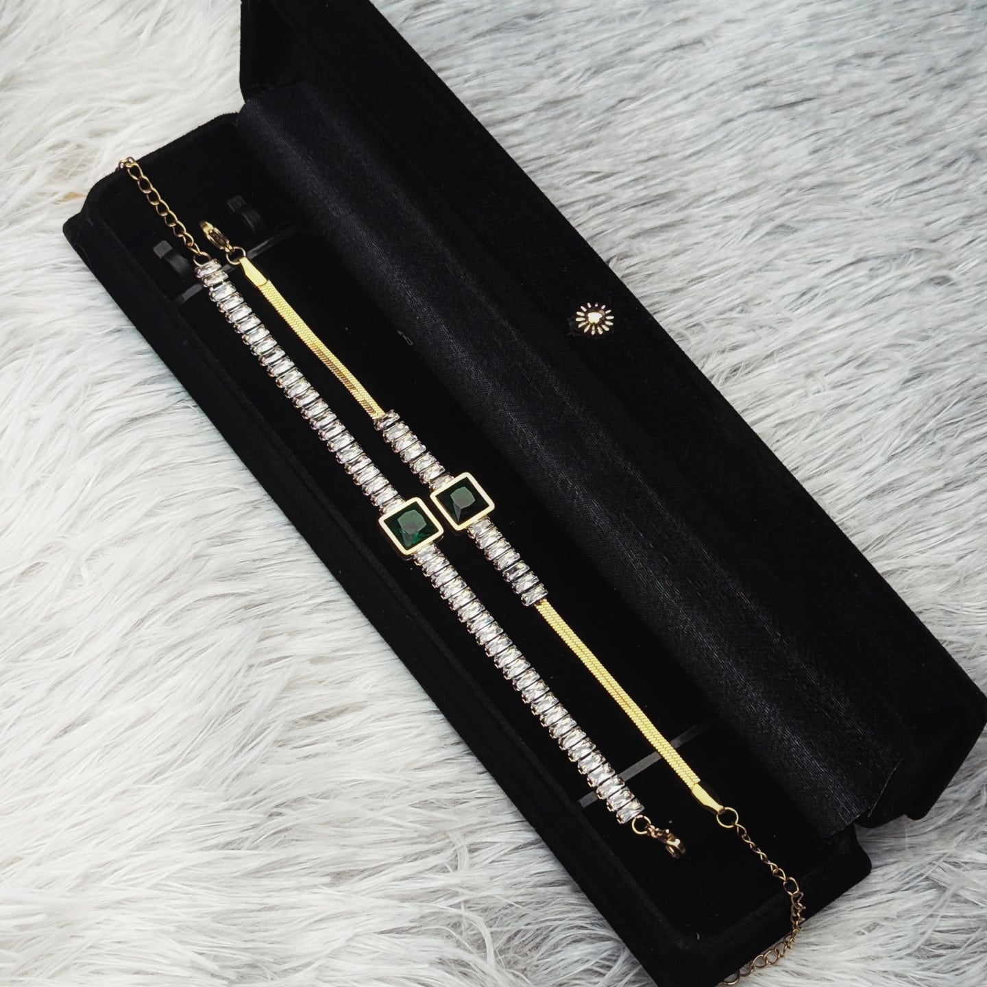 Shop the Ibraj Dual Crystal Bracelet featuring premium crystal links and a sleek gold chain design. Perfect for stacking or solo wear. Flat 70% OFF – limited stock.