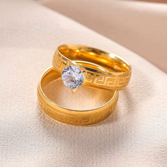 Gold ring set for women – 18k gold plated waterproof stainless steel with solitaire stone