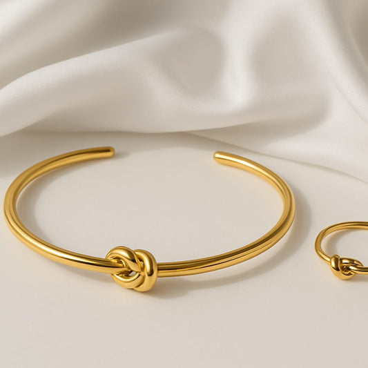 Minimalist gold knot bracelet and ring set for women