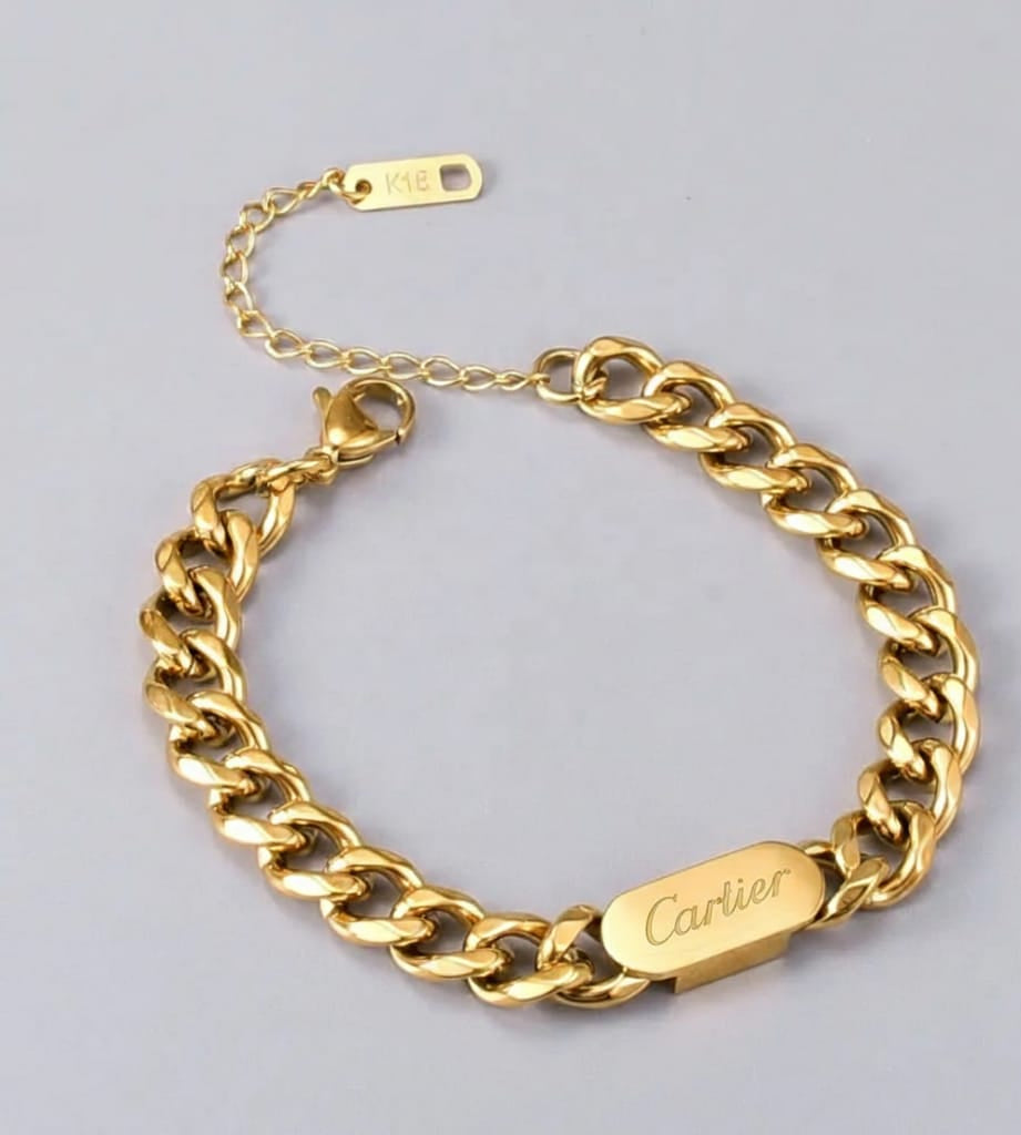  Gold-plated cartier chain bracelet with an engraved center plate and adjustable extension chain, waterproof and anti-tarnish premium accessory for men and women.