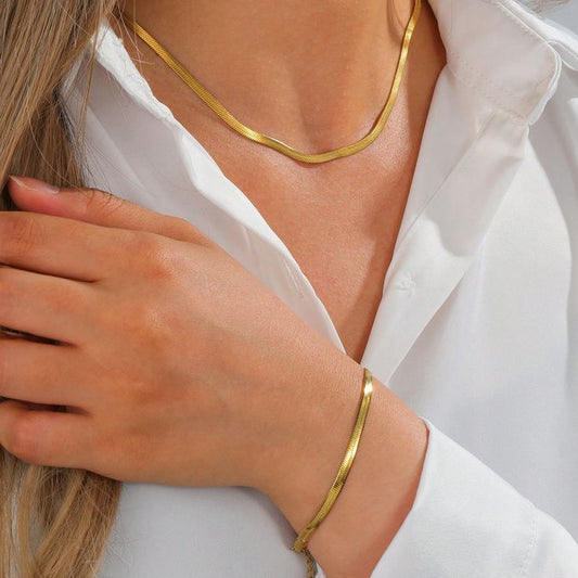 Gold herringbone necklace and bracelet set stainless steel, waterproof anti-tarnish jewelry