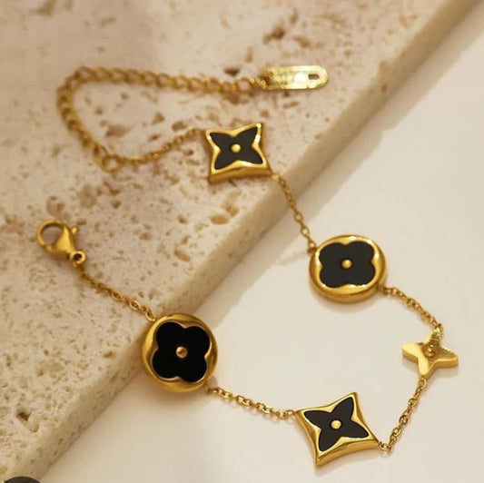 Gold black clover bracelet stainless steel for women, anti-tarnish waterproof jewelry