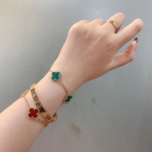 Elegant green and red clover gold bracelet stack for women