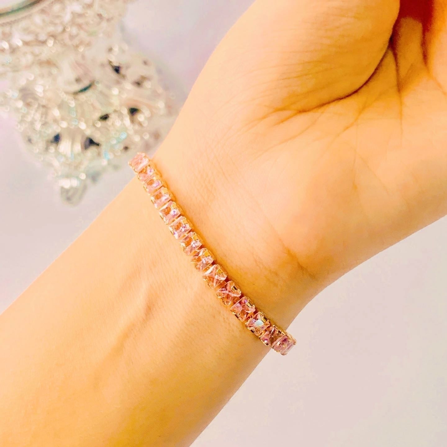 Pink crystal tennis bracelet – elegant gold plated women’s jewelry