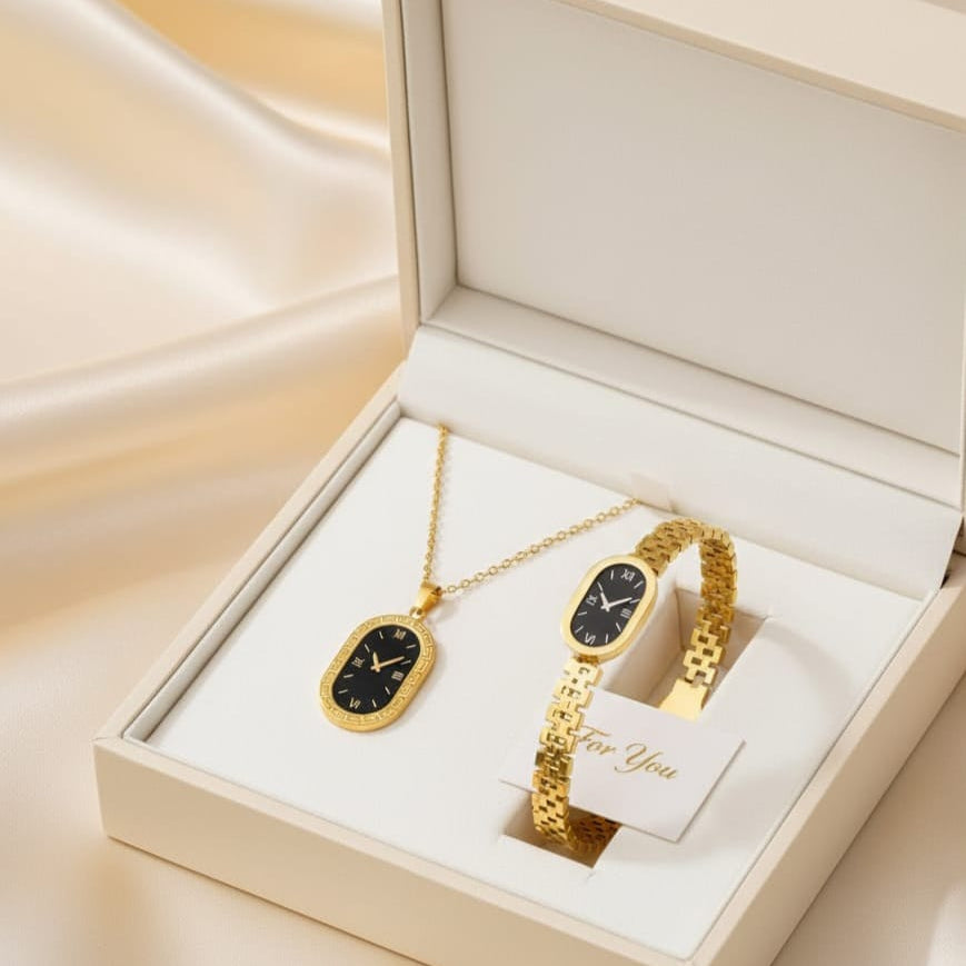 Elegant gold watch and matching black dial pendant necklace gift set displayed in a cream luxury box; waterproof, anti-tarnish, and perfect for gifting.