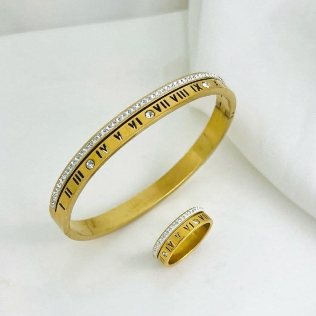 Gold-plated Roman numeral bracelet and ring set with sparkling stones