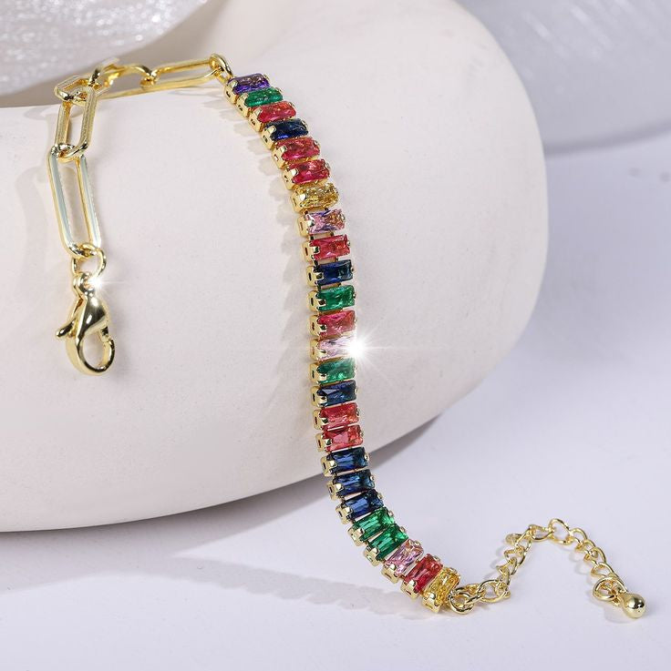 Multicolour baguette tennis bracelet – 18k gold plated waterproof jewelry for women