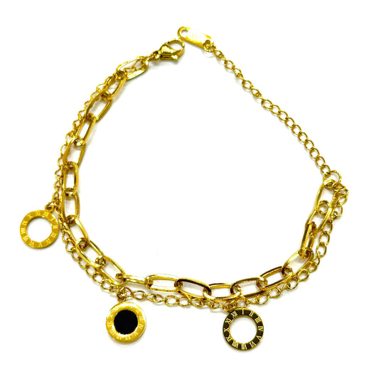 Luxury double chain bracelet with black enamel roman charms – elegant everyday accessory