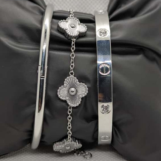 “Luxury silver stainless steel bracelet trio – waterproof anti-tarnish jewelry”