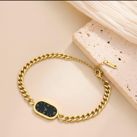 Gold Roman numeral chain bracelet with black dial made from waterproof stainless steel, anti-tarnish daily wear jewelry