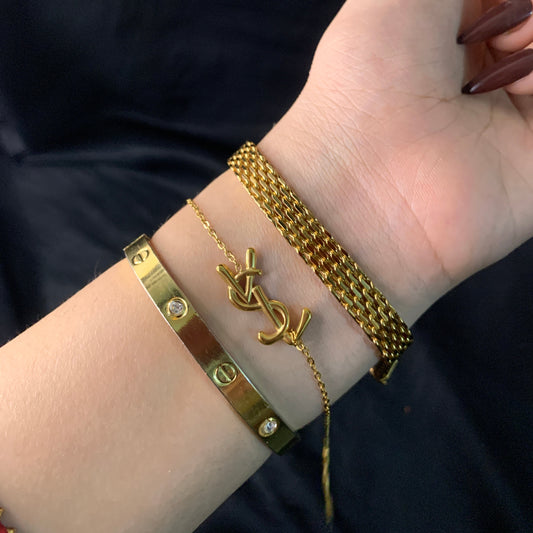 VSL gold bracelet stack on wrist – waterproof stainless steel jewelry for women