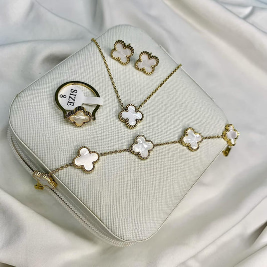Luxury white clover pendant, earrings, bracelet, and ring set