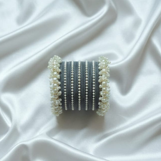 Grey silk thread bangle set with pearl embellishments